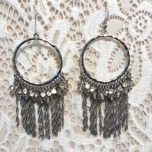 Anthropologie silver hoop Fringe and rhinestone earrings